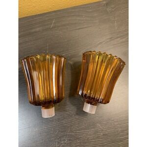 (2)  Vintage Homco Amber Glass Ribbed Cut Votive Peg Votive Cup Candle Holders